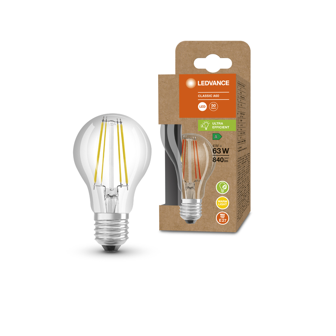 LED Classic A 60 Filament Energy efficiency class A S 4W 830 Clear E27 Kombinirani snimak = Slika proizvoda + slika pakiranja