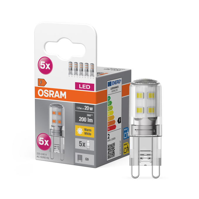 LED Base  PIN 20 300° 1.9W 827 Clear G9 Fotografie combinată = Fotografiede prezentare + Imagine cu ambalaj