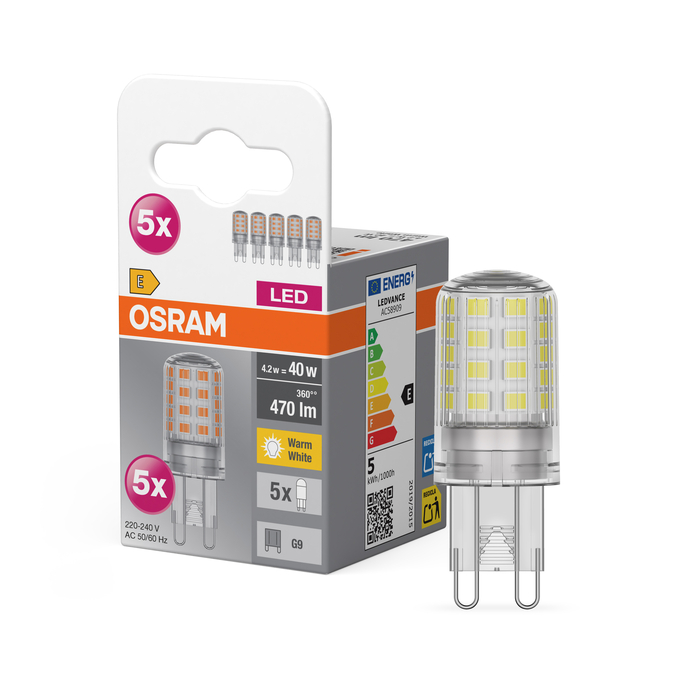 LED Base  PIN 40 300° 4.2W 827 Clear G9 Fotografie combinată = Fotografiede prezentare + Imagine cu ambalaj