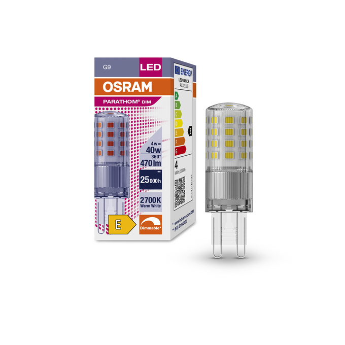 LED PIN 40 320° DIM P 4W 827 Clear G9 Combo Shot = Product Beauty Shot + Packaging Image