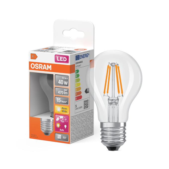 LED Star Classic A 40 Filament Daylight Sensor 4.9W 827 Clear E27 Fotografie combinată = Fotografiede prezentare + Imagine cu ambalaj