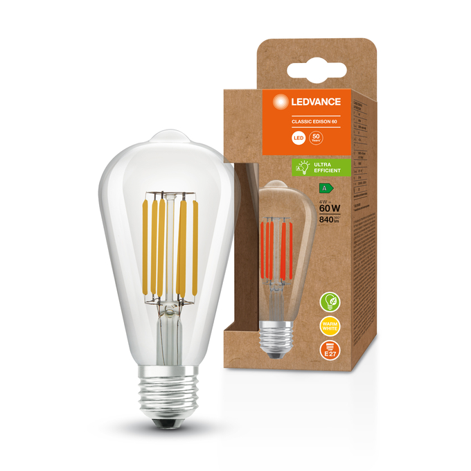 LED Classic Edison 60 Filament Energy efficiency class A S 4W 830 Clear E27 Fotografie combinată = Fotografiede prezentare + Imagine cu ambalaj