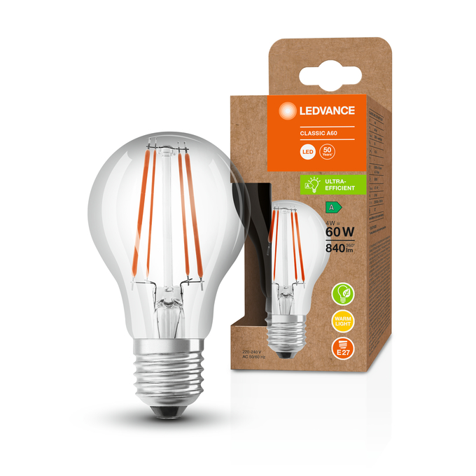 LED Classic A 60 Filament Energy efficiency class A S 4W 830 Clear E27 Kombinirani snimak = Slika proizvoda + slika pakiranja