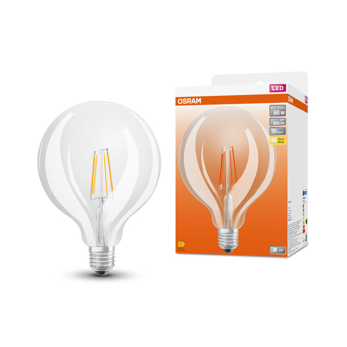 LED Star Globe 125 60 Filament 7W 827 Clear E27 Fotografie combinată = Fotografiede prezentare + Imagine cu ambalaj