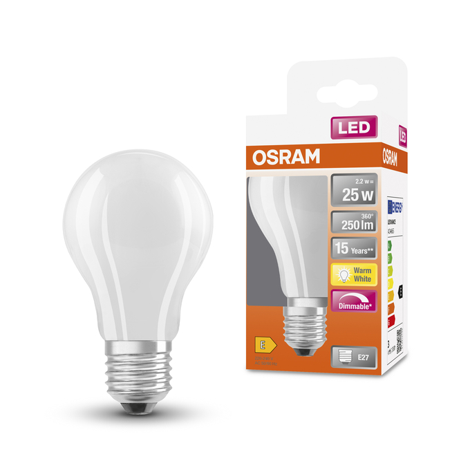 LED Superstar Classic A 25 DIM 2.2W 827 Frosted E27 Combo Shot = Product Beauty Shot + Packaging Image