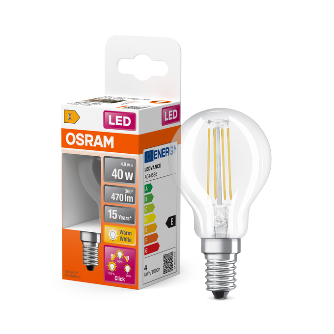 LED Superstar Plus Classic P 40 Filament 4W 827 E14 3step DIM Combo Shot = Product Beauty Shot + Packaging Image