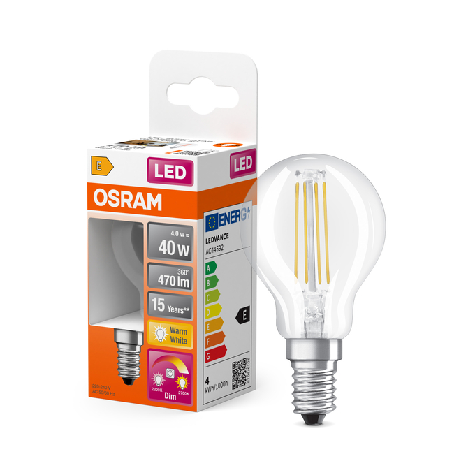 LED Superstar Plus Classic P 40 Filament Glow DIM 4W 822…827 E14 Fotografie combinată = Fotografiede prezentare + Imagine cu ambalaj