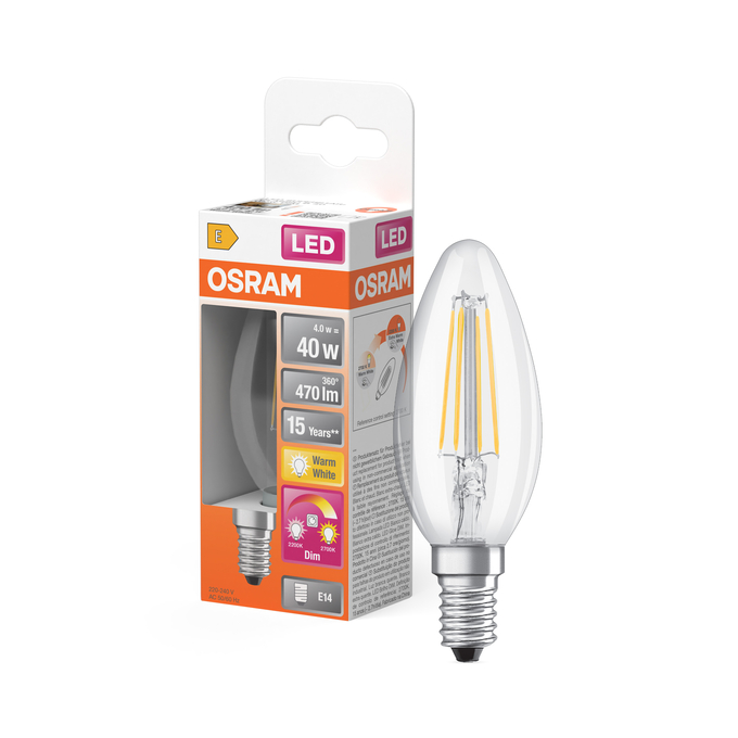 LED Superstar Plus Classic B 40 Filament Glow DIM 4W 822…827 E14 Fotografie combinată = Fotografiede prezentare + Imagine cu ambalaj