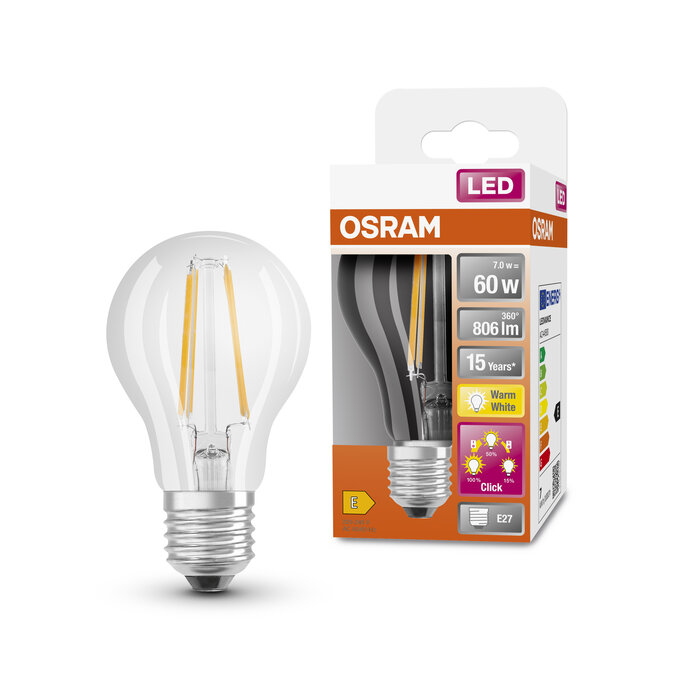 LED Superstar Plus Classic A 60 Filament 7W 827 E27 3step DIM Combo Shot = Product Beauty Shot + Packaging Image