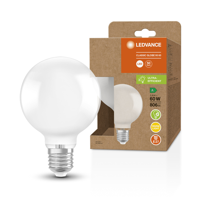 LED Classic Globe 95 60 Filament Energy efficiency class A S 3.8W 830 Frosted E27 Fotografie combinată = Fotografiede prezentare + Imagine cu ambalaj