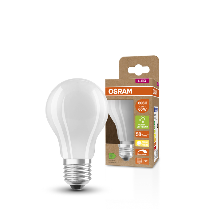 LED Classic A 60 DIM Energy efficiency class B 4.3W 827 Frosted E27 Fotografie combinată = Fotografiede prezentare + Imagine cu ambalaj