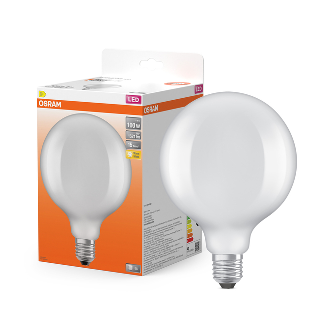 LED Star Globe 125 100 Filament 11W 827 Frosted E27 Combo Shot = Product Beauty Shot + Packaging Image