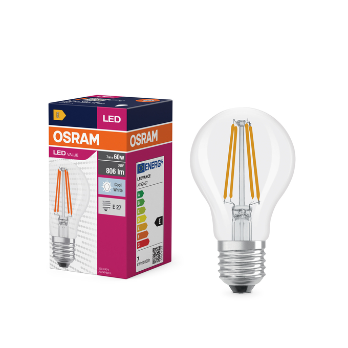 LED Value Classic A 60 Filament 7W 840 Clear E27 Fotografie combinată = Fotografiede prezentare + Imagine cu ambalaj