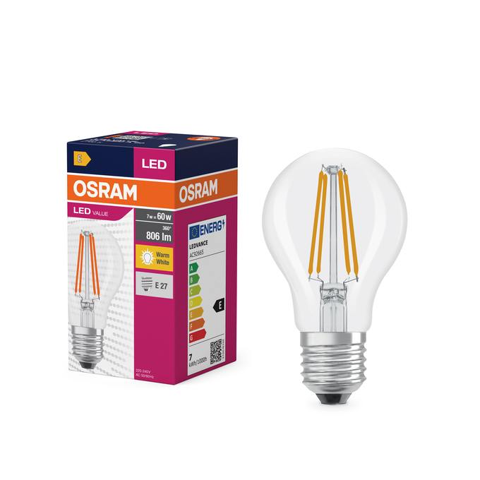 LED Value Classic A 60 Filament 7W 827 Clear E27 Fotografie combinată = Fotografiede prezentare + Imagine cu ambalaj