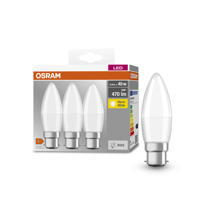 LED Base Classic B 40 4.9W 827 Frosted B22d Fotografie combinată = Fotografiede prezentare + Imagine cu ambalaj