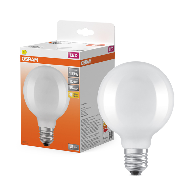 LED Star Globe 95 100 Filament 11W 827 Frosted E27 Combo Shot = Product Beauty Shot + Packaging Image