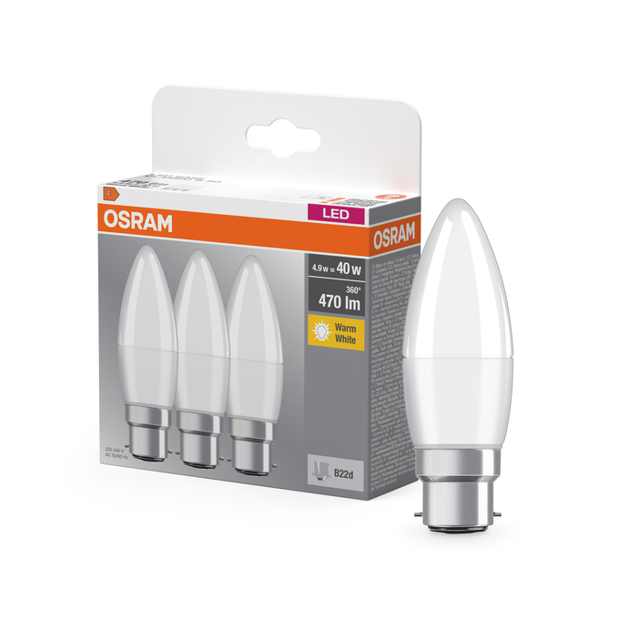 LED Base Classic B 40 4.9W 827 Frosted B22d Combo Shot = Product Beauty Shot + Packaging Image