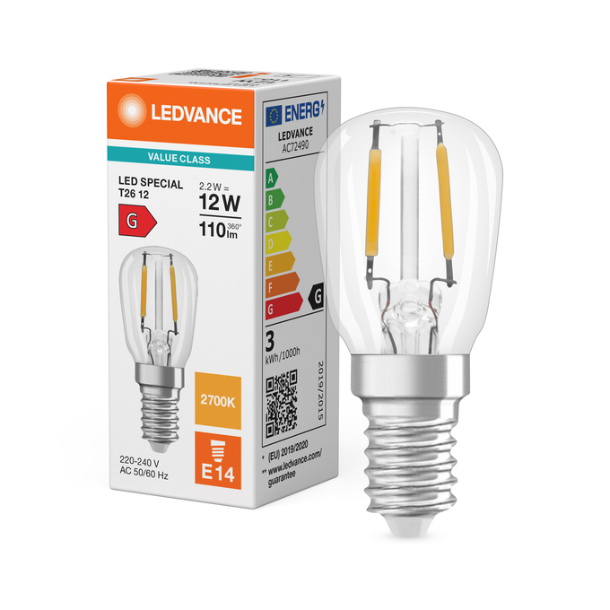 LED Special T26 12 300° Filament V 2.2W 827 Clear E14 Kombinirani snimak = Slika proizvoda + slika pakiranja