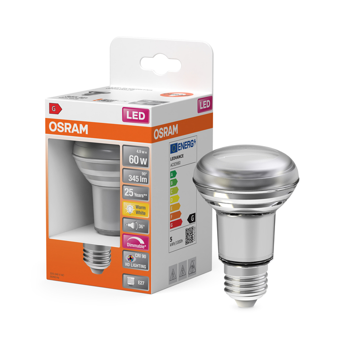 LED Superstar R80 60 36° DIM 4.9W 927 E27 Fotografie combinată = Fotografiede prezentare + Imagine cu ambalaj