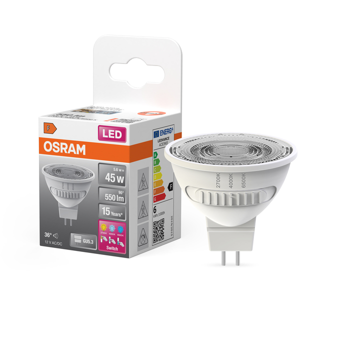LED Star MR 16 45 36° CCT Select 5.6W 827/840/865 GU5.3 Fotografie combinată = Fotografiede prezentare + Imagine cu ambalaj
