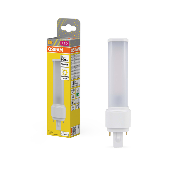 DULUX LED D26 EM & AC MAINS 9W 830 G24D-3 Fotografie combinată = Fotografiede prezentare + Imagine cu ambalaj