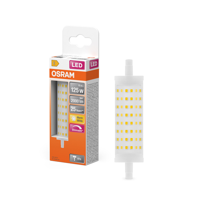 LED Line 118 125 300° DIM 15W 827 Clear R7s Combo Shot = Product Beauty Shot + Packaging Image
