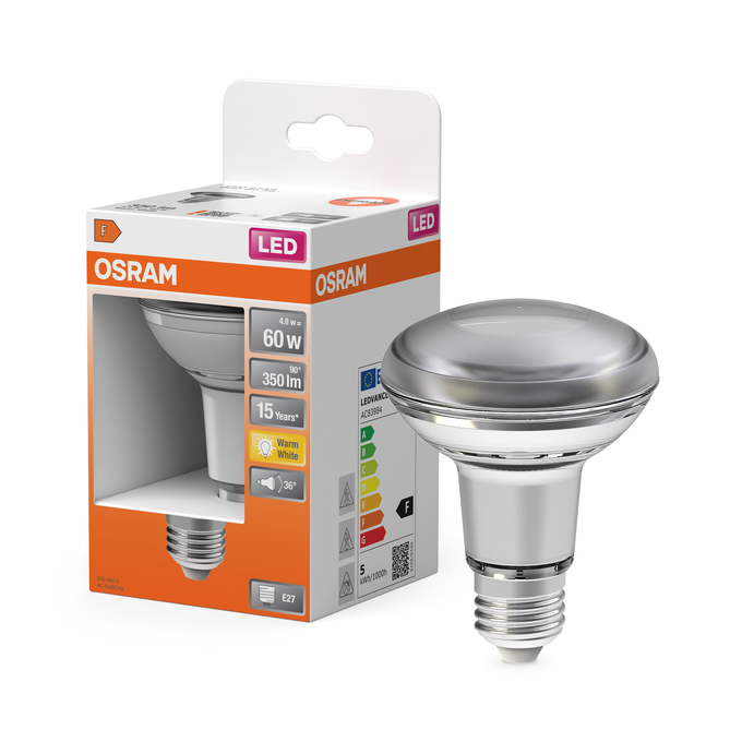 LED Star R80 60 36° 4.8W 827 E27 Fotografie combinată = Fotografiede prezentare + Imagine cu ambalaj