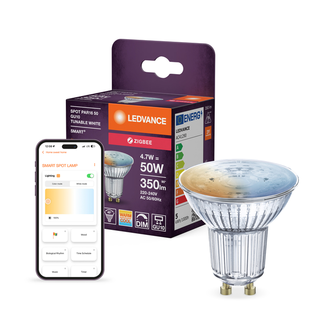 SMART+ ZIGBEE Tunable White Spot PAR16 50 45° 4.7W GU10 Fotografie combinată = Fotografiede prezentare + Imagine cu ambalaj