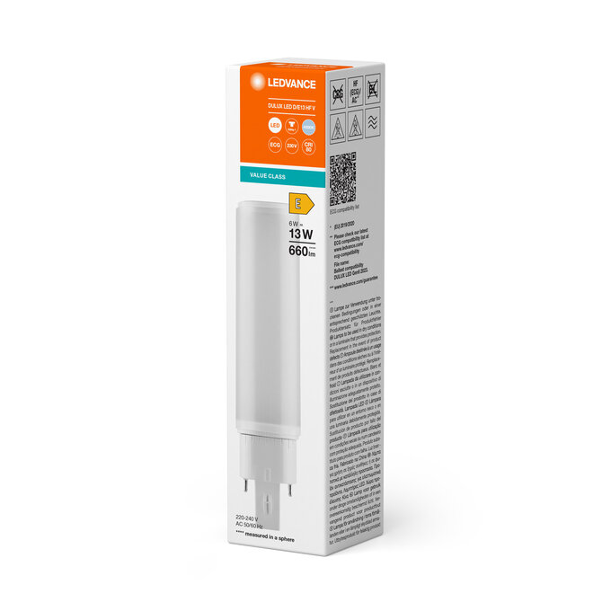 DULUX LED D/E13 HF & AC MAINS VALUE 6W 840 G24Q-1 white, incl. accessory