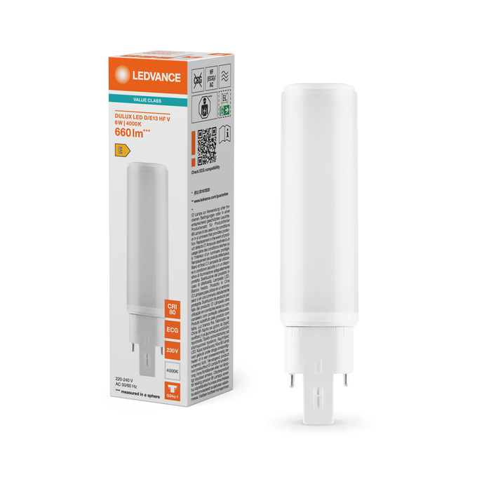 DULUX LED D/E13 HF & AC MAINS VALUE 6W 840 G24Q-1 Kombinirani snimak = Slika proizvoda + slika pakiranja