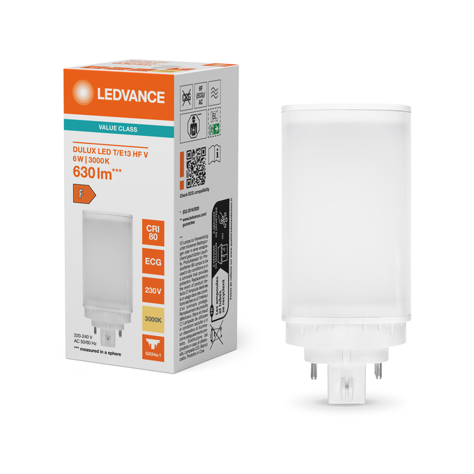 DULUX LED T/E13 HF & AC MAINS VALUE 6W 830 GX24Q-1 Fotografie combinată = Fotografiede prezentare + Imagine cu ambalaj