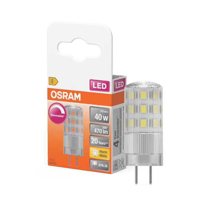 LED PIN 40 320° DIM 3.8W 827 Clear GY6.35 Fotografie combinată = Fotografiede prezentare + Imagine cu ambalaj