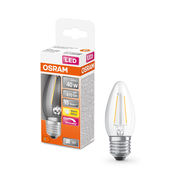 LED Superstar Classic B 40 Filament DIM 4.8W 827 Clear E27 Fotografie combinată = Fotografiede prezentare + Imagine cu ambalaj