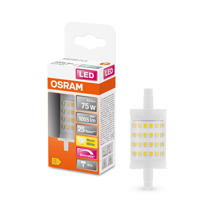LED Line 78 75 300° DIM 9.5W 827 Clear R7s Fotografie combinată = Fotografiede prezentare + Imagine cu ambalaj