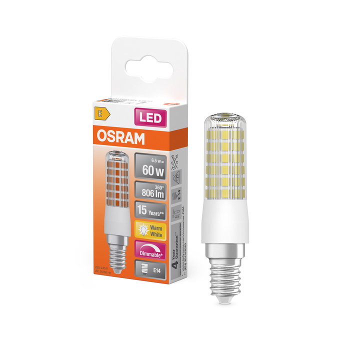 LED T Slim 60 320° DIM 6.5W 827 Clear E14 Fotografie combinată = Fotografiede prezentare + Imagine cu ambalaj