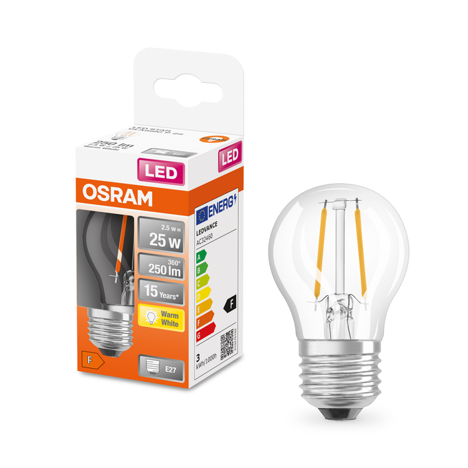LED Star Classic P 25 Filament 2.5W 827 Clear E27 Kombinirani snimak = Slika proizvoda + slika pakiranja