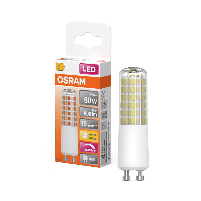 LED T Slim 60 320° DIM 6.5W 827 Clear GU10 Fotografie combinată = Fotografiede prezentare + Imagine cu ambalaj