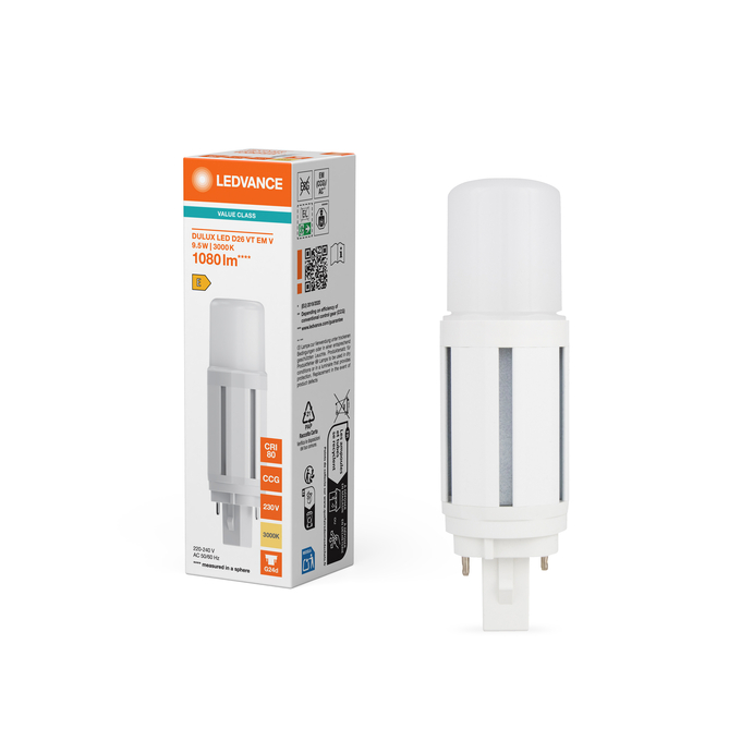 DULUX LED D26 VT EM & AC MAINS VALUE 9.5W 830 G24D Fotografie combinată = Fotografiede prezentare + Imagine cu ambalaj