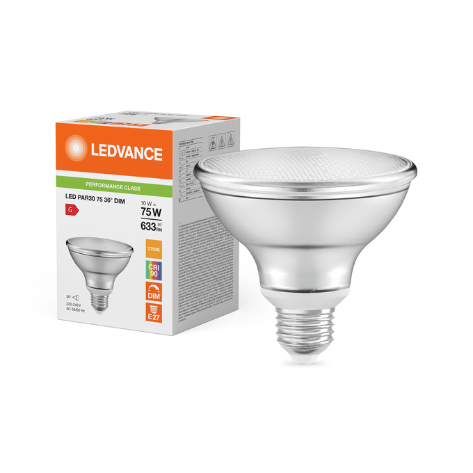 LED PAR30 75 36° DIM P 10W 927 E27 Fotografie combinată = Fotografiede prezentare + Imagine cu ambalaj