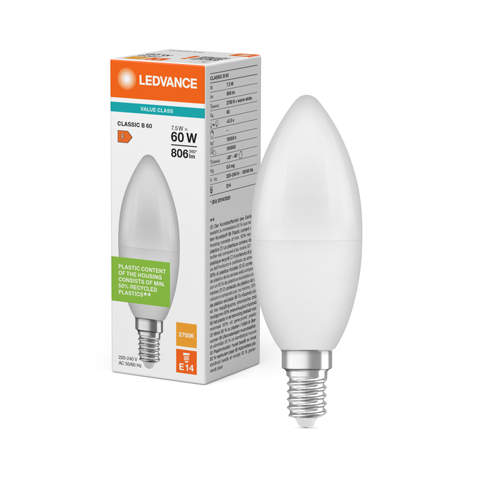 LED Classic B 60 V 7.5W 827 Frosted E14 Fotografie combinată = Fotografiede prezentare + Imagine cu ambalaj