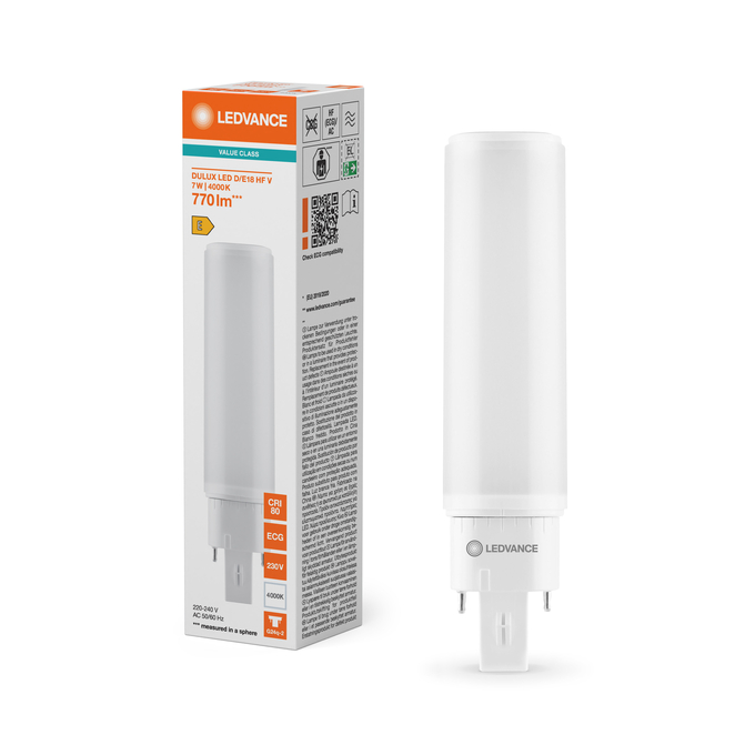 DULUX LED D/E18 HF & AC MAINS VALUE  7W 840 G24Q-2 Fotografie combinată = Fotografiede prezentare + Imagine cu ambalaj