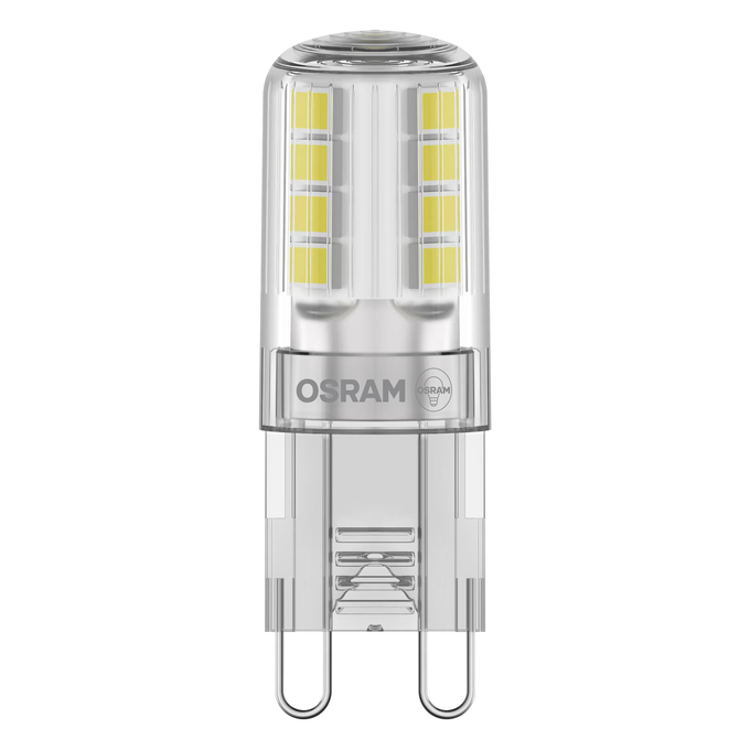 LED Base  PIN 30 300° 2.6W 827 Clear G9 white, upright, OSRAM logo
