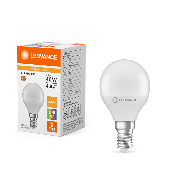 LED Classic P 40 S 4.9W 927 Frosted E14 Fotografie combinată = Fotografiede prezentare + Imagine cu ambalaj