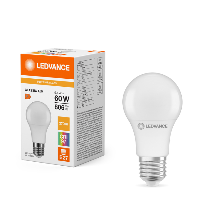 LED Classic A 60 S 9.4W 927 Frosted E27 Fotografie combinată = Fotografiede prezentare + Imagine cu ambalaj