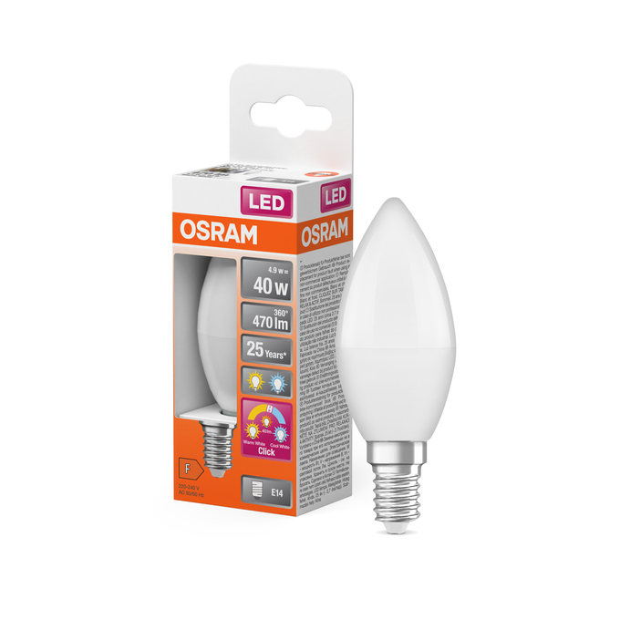 LED Superstar classic B 40 Relax/Active/Sleep 4.9W 827/840 Frosted E14 3x click  Combo Shot = Product Beauty Shot + Packaging Image