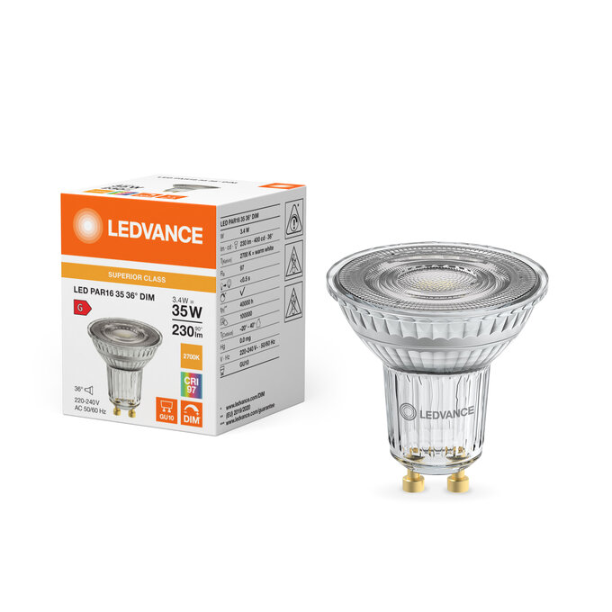 LED PAR16 35 36° DIM S 3.4W 927 GU10 Fotografie combinată = Fotografiede prezentare + Imagine cu ambalaj