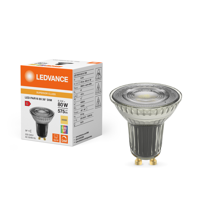 LED PAR16 80 36° DIM S 8.3W 930 GU10 Fotografie combinată = Fotografiede prezentare + Imagine cu ambalaj