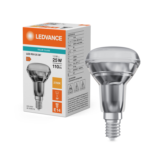 LED R50 25 36° V 1.5W 827 E14 Fotografie combinată = Fotografiede prezentare + Imagine cu ambalaj