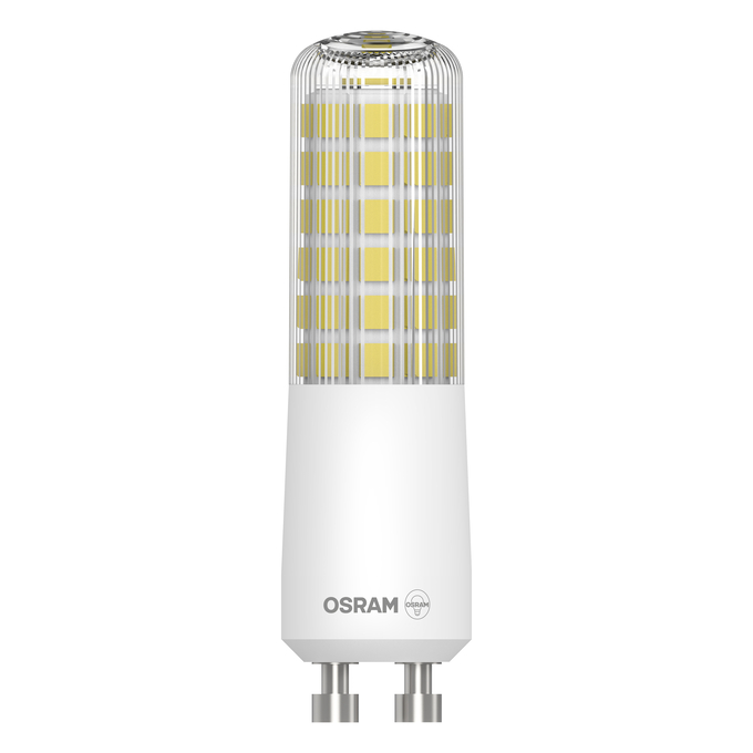 LED T Slim 60 320° DIM 6.5W 827 Clear GU10 white, upright, OSRAM logo
