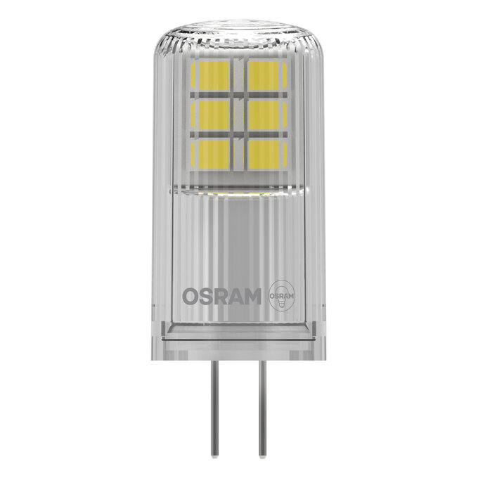 LED PIN 28 320° 2.2W 827 Clear G4 white, upright, OSRAM logo
